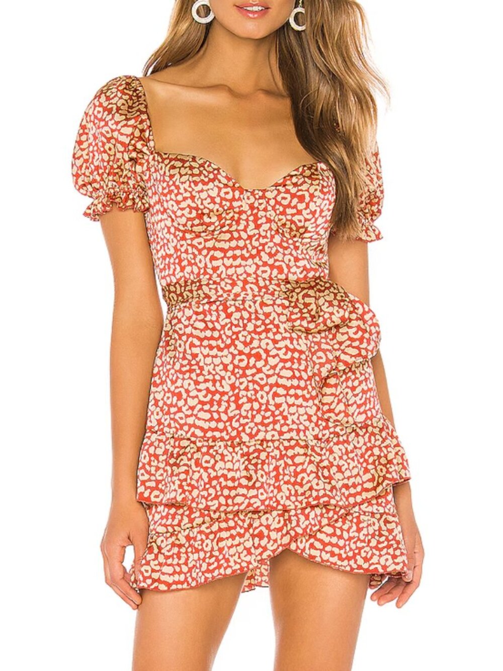 MAJORELLE Shiloh Leopard Print Tiered Mini Dress Red Gold XS Revolve